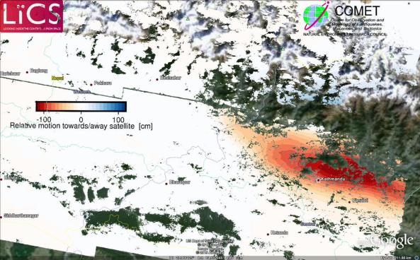 Processed Sentinel 1 results of the Nepal earthquake deformation. red = mostly subsidence, blue = mostly uplift.  Source: Pablo Gonzalez – LiCS/COMET+